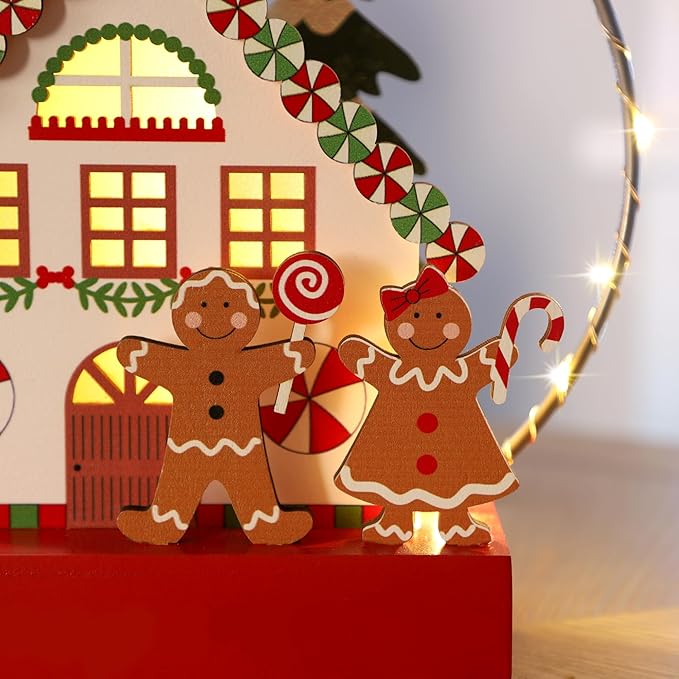 Christmas Tabletop Decoration, Wooden Lighted Gingerbread House Ornaments, Battery Operated Christmas Indoor Fireplace Home Table Decorations