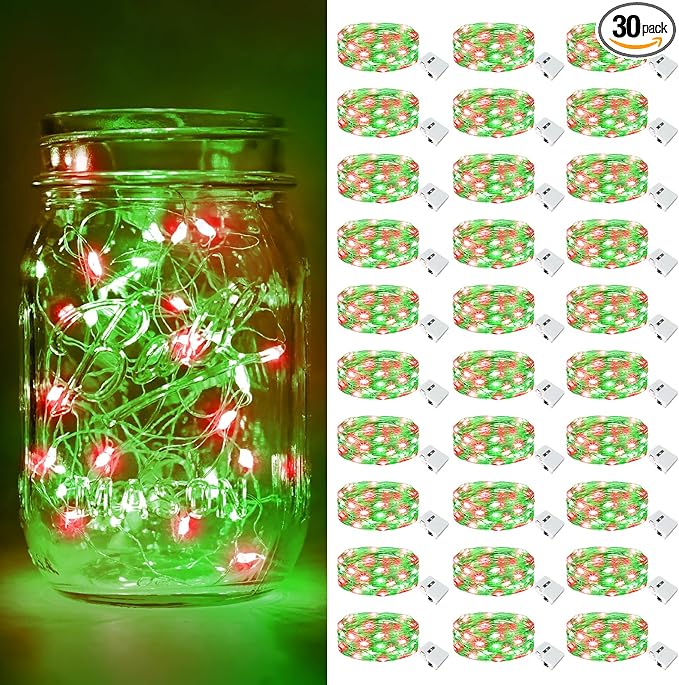 btfarm 30 Pack Fairy Lights Battery Operated [3 Modes], 7ft 20 Led Twinkle Lights String Lights Waterproof Bulk Small Mini Silver Wire for Christmas Mason Jars Wedding Table Centerpiece, Red Green