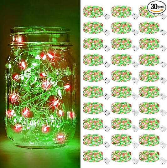 btfarm 30 Pack Fairy Lights Battery Operated [3 Modes], 7ft 20 Led Twinkle Lights String Lights Waterproof Bulk Small Mini Silver Wire for Christmas Mason Jars Wedding Table Centerpiece, Red Green