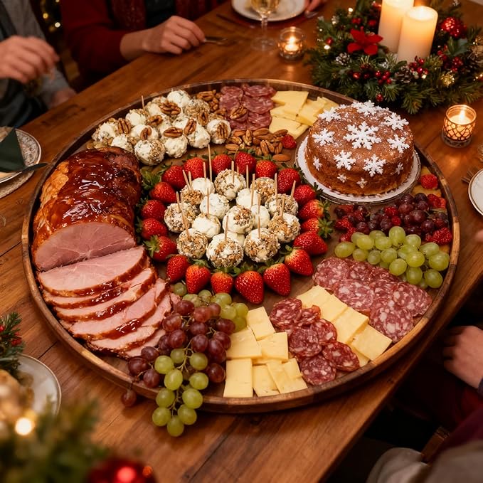 Utoplike Extra Large Acacia Wood Serving Tray, 23.6'' Round Charcuterie board, Cheese board with Rotating Base Raised Edge and Removable Dividers for Food, Snacks, Party, Dining