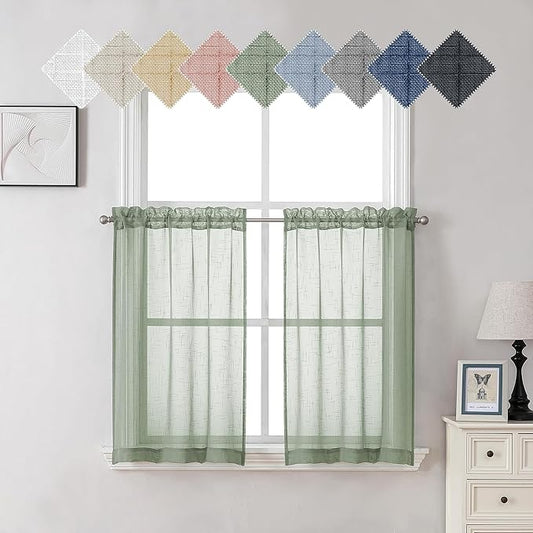Aiyufeng Kirei 36 Inch Sage Green Linen Sheer Curtains - Faux Linen Semi Transparent Window Drapes Privacy UV Protection Short Curtains for Living Room, Home Office, Car, Kitchen, 30Wx36L, 2 Pcs