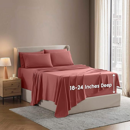 Nestl Extra Deep Twin Sheet Set - 4 Piece Breathable & Cooling Sheets - Hotel Luxury Bedding Set w/18-24 Inch Deep Pockets - Easy & Secure Fit - Super Soft, Wrinkle Free & Comfy - Pink Clay