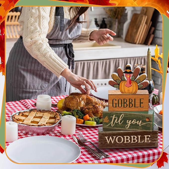 4 Pcs Fall Decorations for Home Thanksgiving Tiered Tray Decor Fall Table Decor Thanksgiving Centerpiece Rustic Wooden Turkey Block Sign for Autumn Harvest Party Table Kitchen Shelf