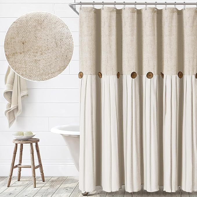 Awellife Farmhouse Cream Shower Curtain Button Linen Textured Woven Fabric,Country Style (Linen & Cream, 72" W x 72" L)