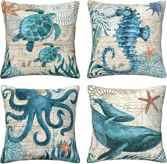 Coastal Blue Throw Pillow Covers 18 x 18 Inch Sea Turtle Seahorse Octopus Shark Beach Decorative Pillow Cases Ocean Nautical Cushion Covers for Sofa Bed Home Decor Set of 4