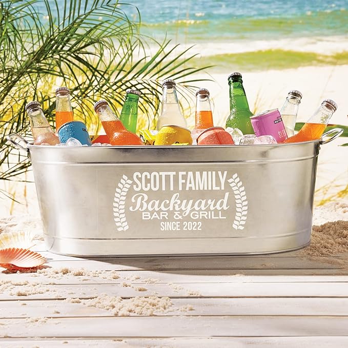 Let's Make Memories Personalized Backyard Bar Beverage Tub - Custom Beverage Tub - Customizable Message - Galvanized Drink Tub - 20¾"L x 11¾"W x 7"H - 5.5 Gallons