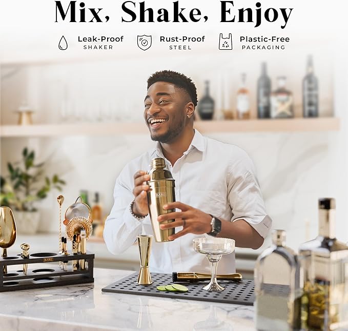 BARE BARREL® Mixology Bartender Kit Bar Set | 16-Piece Cocktail Shaker Set | Martini Barware Mixing Tools for Home Bartending | Incl. 35 Recipe Cards | Gift Set (24oz Cobbler Shaker, Gold/Black)