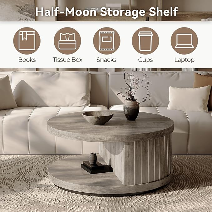 31-Inch Round Wood Coffee Table with Shelf for Living Room, 2-Tier Fluted Center Tea Tables with Wooden Circle Tabletop and Open Shelves for Home Apartment Small Spaces, Wash Gray