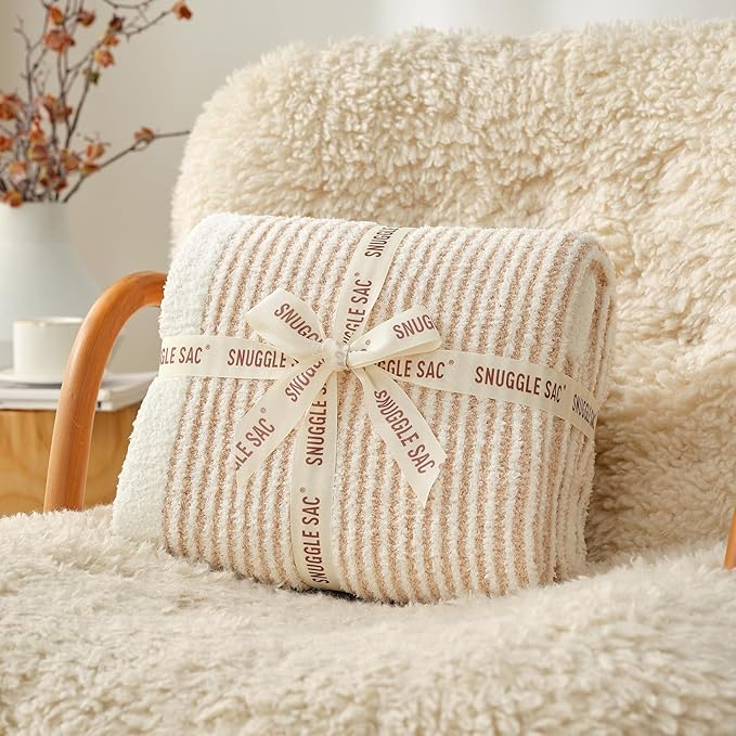 Snuggle Sac Stripe Soft Throw Blanket for Couch, Fuzzy Microfiber Knit Stripe Ribbed Blankets for Couch, Sofa, Travel, Cream Beige, 50x60 inches