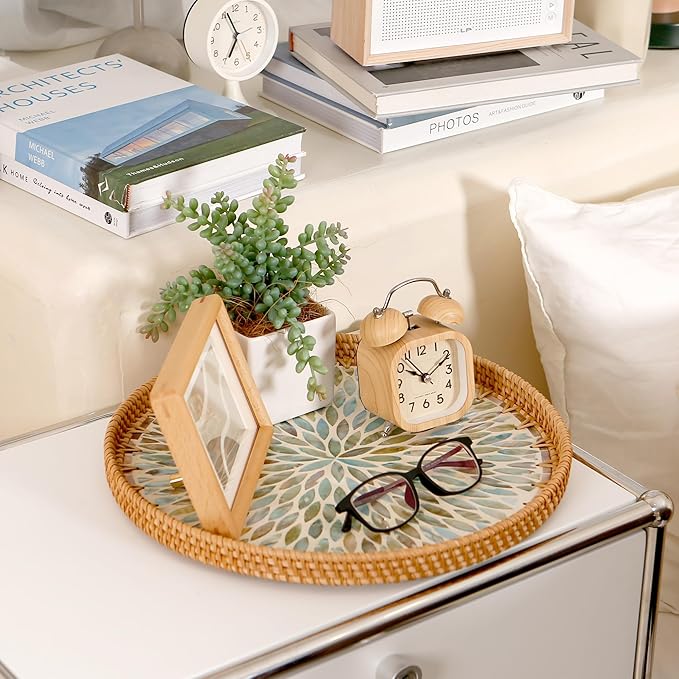 Round Rattan Tray with Mother of Pearl Inlay & Wooden Base - Decorative Wicker Serving Tray for Coffee/Bread/Fruits, Food Storage & Display - Multipurpose Home Decor (L,Colorful Leaves)