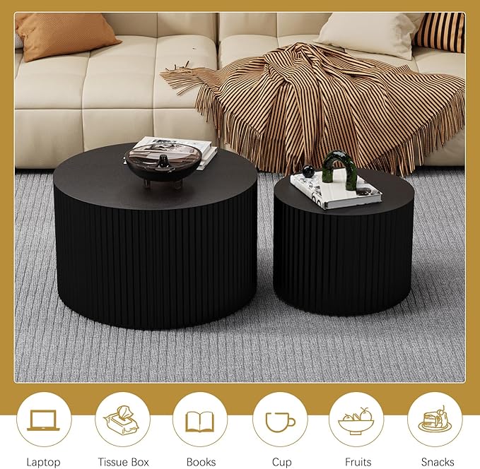 Round Coffee Table Set of 2 Modern Nesting Coffee Tables Wooden Drum Coffee Tables with Non-Slip Feet, Circle Nesting Tables End Table for Living Room Office, No Assembly (Black 27.56"+19.69")