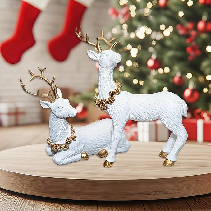 2pcs Pine Nut Reindeer Christmas Decorations, Deer Figurines Home Decor, Elk Figurine, Holiday Home Décor Accents for Xmas Office Living Room & Bedroom Decorations (Pine Nut Medium, White)