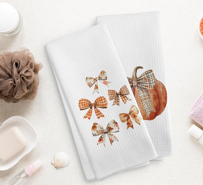 Fall Bow Kitchen Towels and Dishcloths Set of 2, Pumpkin Decor, Bathroom Hand Towels, Preppy Drying Cloth for Girls Dorm Kitchen, 1624Inch