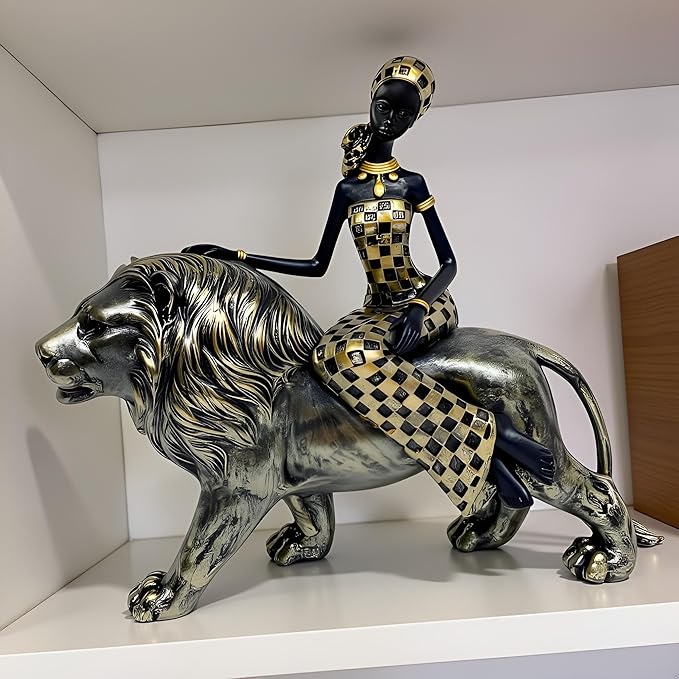 African Lion Tribal Lady Sculpture, African Design Figurines with Tribal Totem,Desk Room Home Decor, Animal and Women Decor Art Sculptures