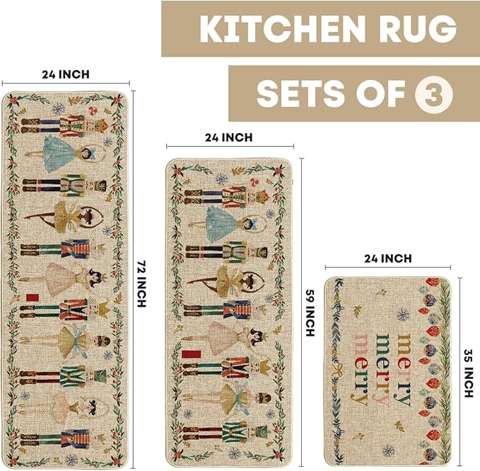 Artoid Mode Watercolor Nutcrackers Merry Christmas Decorative Kitchen Mats Set of 2, Home Party Low-Profile Kitchen Rugs - 24"x36"+24"x59"+24"x72"
