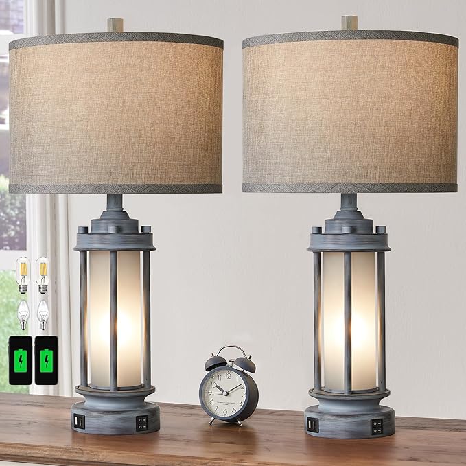 Set of 2 Rustic Table Lamps for Living Room, Farmhouse Vintage Nightstand Lamp with 2 USB Ports, Antique Retro Light Green Glass Night Light for Bedroom Entryway, 4 Bulbs Included