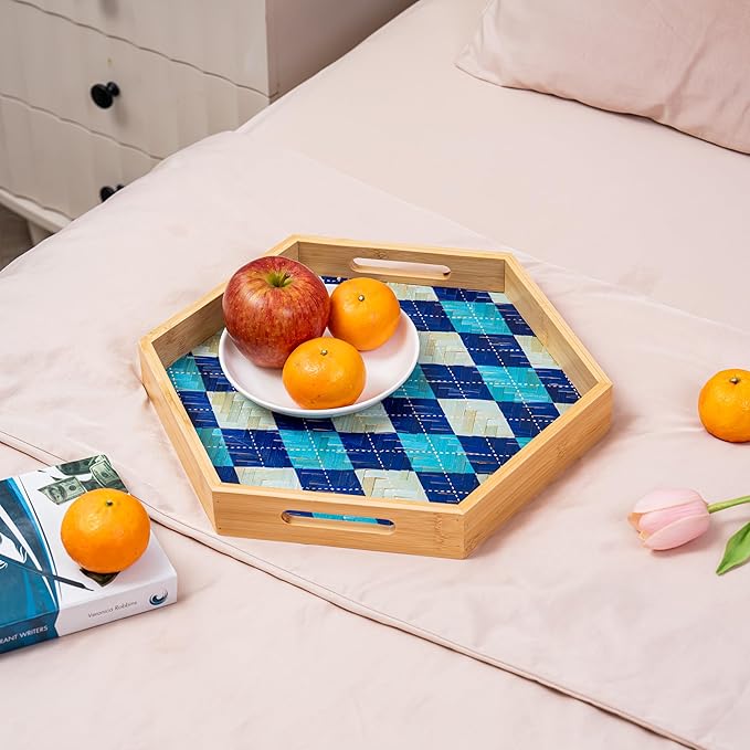 PEMAR 15.7" Hexagonal Bamboo Tray for Serving Coffee, Breakfast, Bread, Food, Art Decor. Decorative Pattern Tray for Coffee Table, Kitchen Counter, Vanity, Bedroom, Ottoman, Home Decor (Argyle)