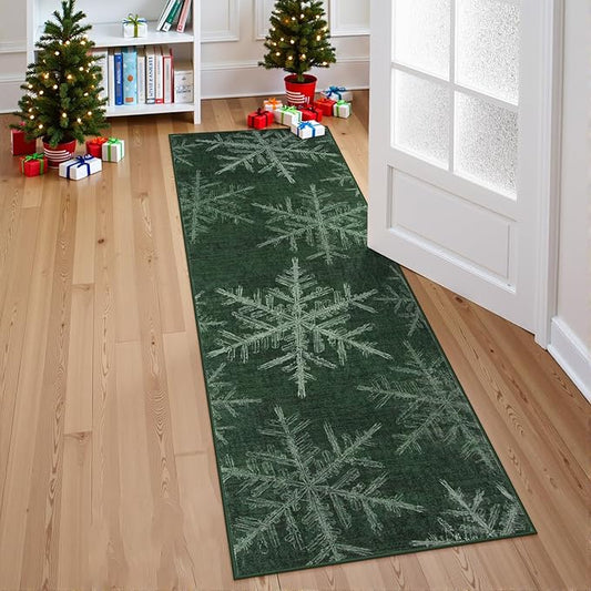Lahome Snowflake Christmas Runner Rug, 2x6 Christmas Rug Runners for Hallways Soft Non Slip Kitchen Washable Runner Holiday Decor Ultra-Thin Carpet Runner for Bedroom Laundry(2x6ft,Green)