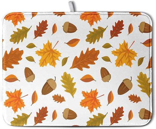 Fall Leaves Dish Drainer Mat - Absorbent Drying Mat for Counter - 18x24 Inch, Orange Maple Leaf Pattern