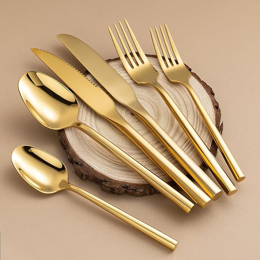 Gold Silverware Set with Steak Knives,Zerophilo Flatware Set with Hexagon Handle 24 Pieces 18/0 Stainless Steel Mirror Polished Cutlery Set for 4,Dishwasher Safe