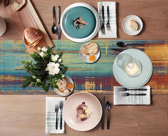 Emvency Blue and Orange Table Runner, Vintage Abstract Messy Rust Painting Dining Decor for Kitchen Coffee Table Family Dinners Holiday Parties Wedding Events Decor(13x72 inch)