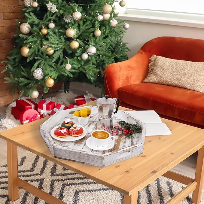 MyGift 20 Inch Shabby White Washed Solid Wood Decorative Octagon Shaped Tray, Wooden Octagonal Serving Platter with 4 Cutout Handles, Table Centerpiece Home Decor