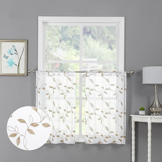 Tollpiz Taupe Leaf Sheer Tier Curtains Leaves Embroidered Kitchen Short Curtain Rod Pocket Voile Bathroom Curtains for Cafe, 30 x 24 inches Long, Set of 2 Panels