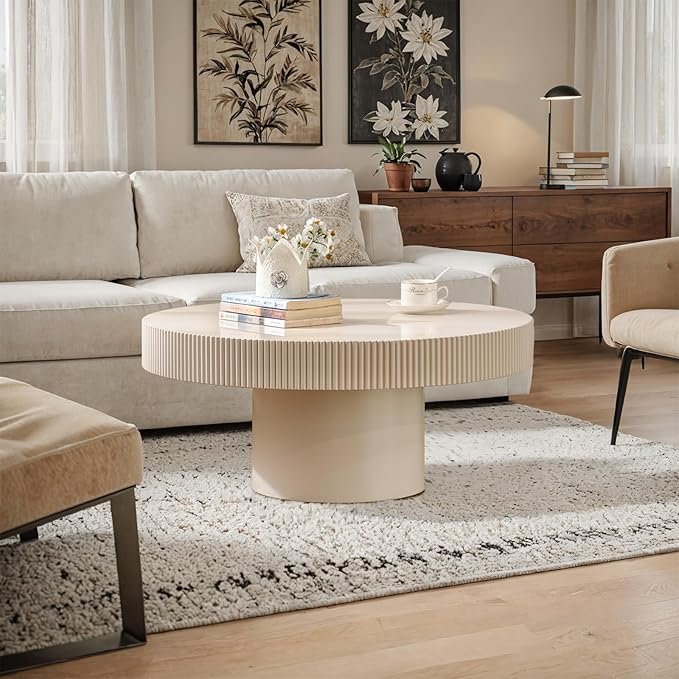 Modern Wood Coffee Table - Handcraft Drum Coffee Tables with Sturdy Base, Easy Assembly, Contemporary Style Small Coffee Table Tea Table for Living Room, Bedroom, Office (White Thin)