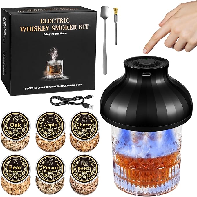 Electric Whiskey Smoker Kit, Rechargeable Cocktail Bourbon Smoker Kit with 6 Wood Chips for Whiskey Cocktails, Old Fashioned Drink Smoker Kit Birthday Christmas Gifts for Men, Dad, Husband (No Butane）