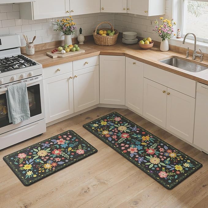 GENIMO Kitchen Mats for Floor 2PCS, Cushioned Kitchen Rugs Non Slip Washable, Farmhouse Anti Fatigue Mat Waterproof, Comfort Standing Mat Rug for Office, Home, Laundry, 17.3"x47"+17.3"x30", Black