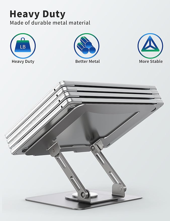 SOUNDANCE Laptop Stand with 360° Rotating Base, Ergonomic Computer Riser for Desk, Adjutable Height Muti-Angle, Foldable Laptop Mount, Stable Metal Holder Support 10-15.6" Notebook PC, Silver Grey