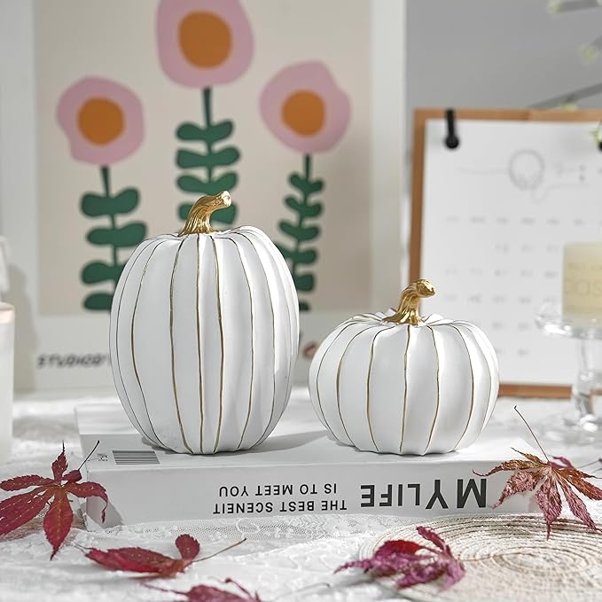 Fall Pumpkin Decor, White and Gold Decorative Pumpkins, Thanksgiving Resin Pumpkins Figurine Set of 2, Elegant Fake Pumpkin Statues for Fall Home Decor, Tabletop Centerpiece, Harvest, Wedding
