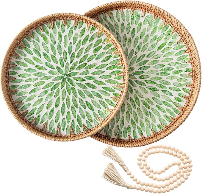 Set of 2 Round Rattan Tray Home Decor with Wood Bead Garland, Wicker Serving Tray with Mother of Pearl Inlay, Boho Decorative Tray for Coffee Table, Display, Ottoman, Kitchen Table (Green)