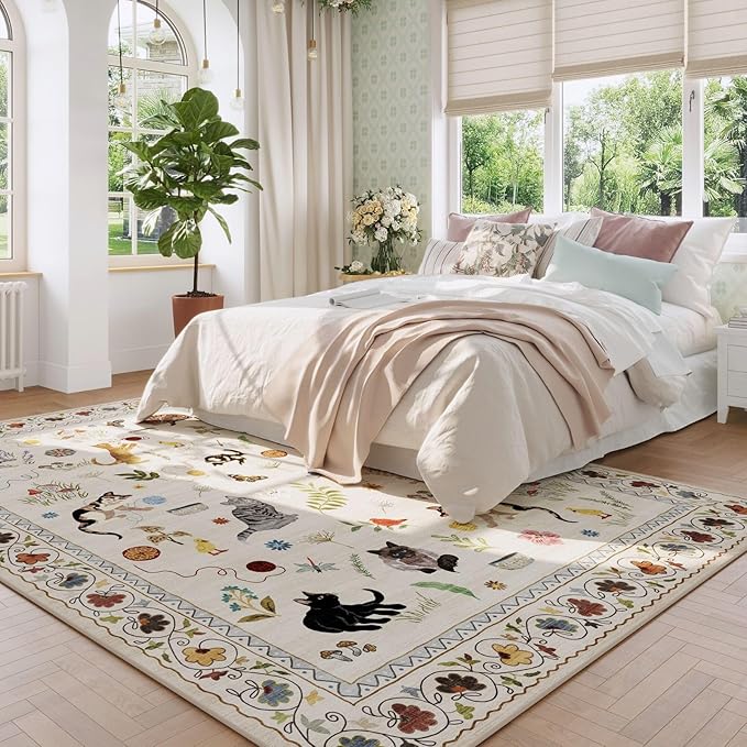 Rugcomf Living Room Rug 5x7 Rug Machine Washable Boho Area Rug Non Slip Floral Animal Cat Vintage Low Pile Large Rugs for Living Room Bedroom Farmhouse Dining Room Kids Playroom, Beige