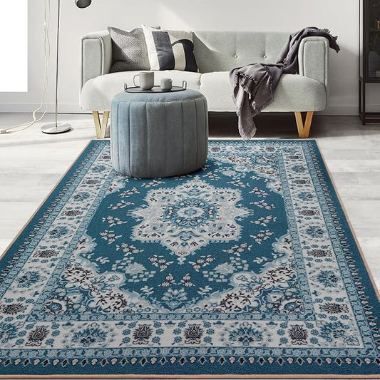 Antep Rugs Alfombras Oriental Traditional 4x6 Non-Skid (Non-Slip) Low Profile Pile Rubber Backing Indoor Area Rugs (Turquoise Blue, 4' x 5'8")