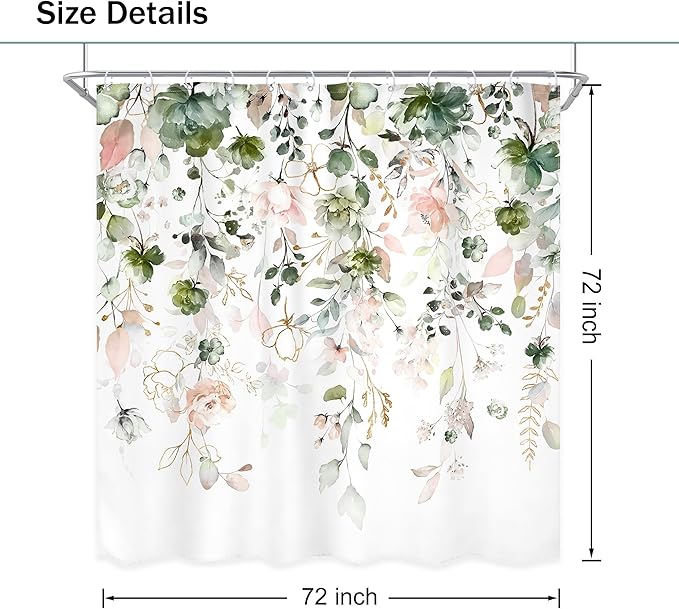 Green Pink Floral Flower Shower Curtain 72Wx72L Inch Spring Summer Rustic Eucalyptus Leaves Pastel Wildflower Plant Botanical Pretty Bathroom Set Bath Curtain Bathtub Accessories Home Decor