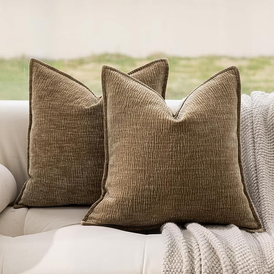 DWR Decorative Throw Pillow Covers Set of 2, 20x20 Crinkled Chenille Textured Cushion Covers for Couch, Sofa or Bed, Modern Rustic Home Accent in Toasted Brown Color