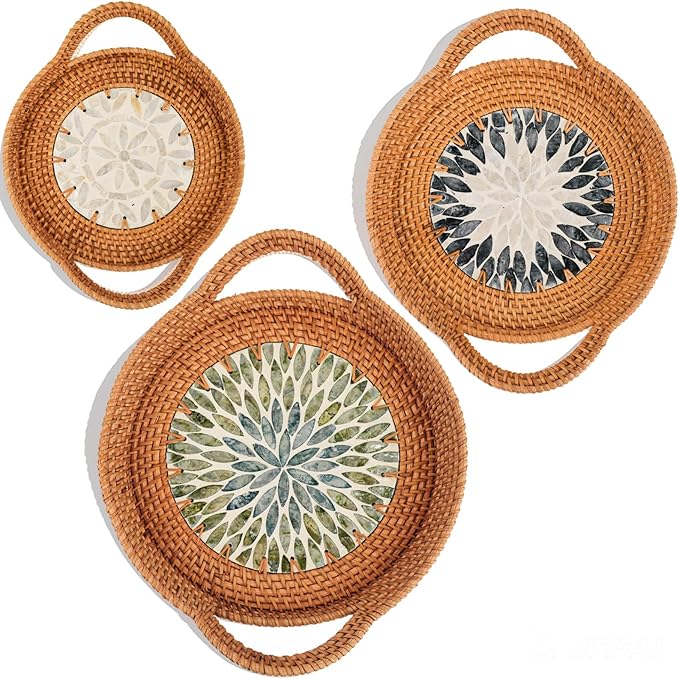 Handwoven Serving Tray with Handles, Set of 3 Round Ottoman Tray with Shell Inlay, Decorative Ratten Trays for Coffee Table, Farmhouse, Kitchen Counter, Housewarming Gift (13.4", 11.8", 10.6")
