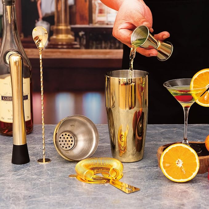 Cocktail Shaker Set Bartender Kit,5 Piece Bar Set Stainless Steel Bar Tools Set for Professional Bartender and Home (Gold, 5-Piece)