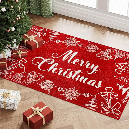 Christmas Red Door Mat 2 x 3 mas Letter Washable Entryway Rug Holiday Decor Kitchen Carpet Non Slip Indoor Mat Decorative Throw Rug for Living Room Bedroom Dining Room Bathroom