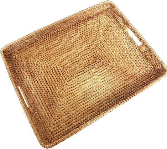 i-lan 20 Inch Handmade Rectangular Countertop Serving Trays with Cutout Handles,Rustic Decorative Rattan Woven Platter Holding Breakfast,Fruits,All Dish and Table Accessories.