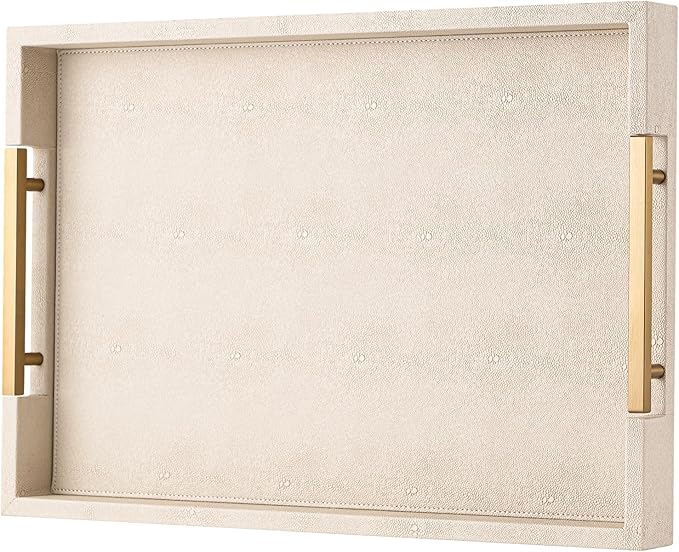 Beige Faux Leather Serving Tray with Handles – Large Decorative Tray for Coffee Table, Ottoman, Living Room, Bathroom – Home Decor
