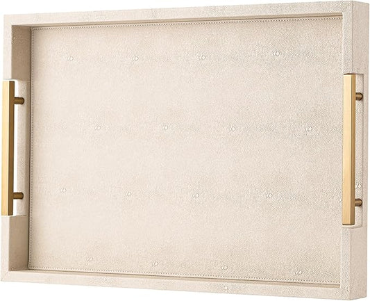 Beige Faux Leather Serving Tray with Handles – Large Decorative Tray for Coffee Table, Ottoman, Living Room, Bathroom – Home Decor