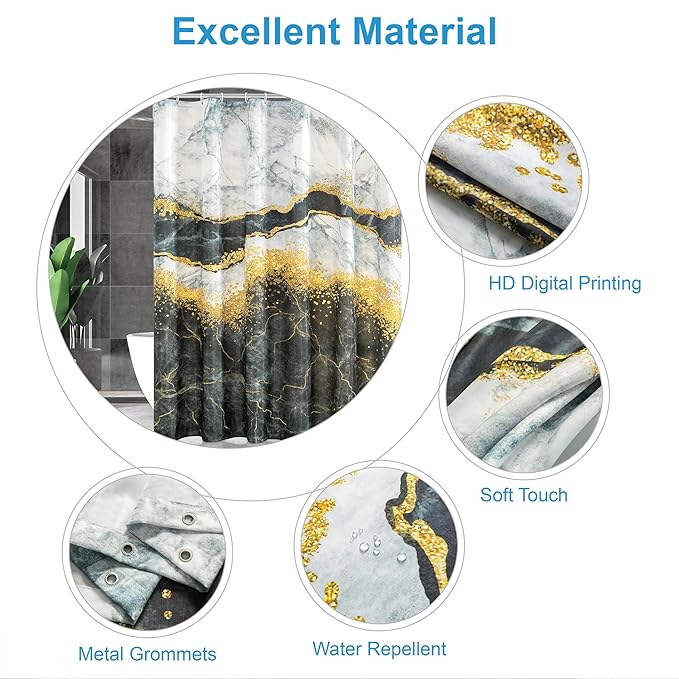 Marble Shower Curtain, Black and White Shower Curtain Set with 12 Hooks, Abstract Luxury Black Marble Shower Curtain with Gold Veins Texture for Bathroom, Waterproof Fabric, 72" W X 72" L