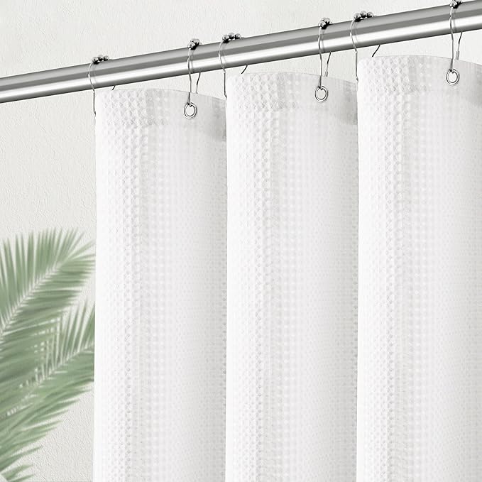 Modern Shower Curtain for Stall - Water Repellent Waffle Textured 256GSM Heavy Duty Half Size Shower Curtains for Bath Tubs, Hotel Quality Narrow Bath Curtain Set with 6 Hooks, 36Wx72H