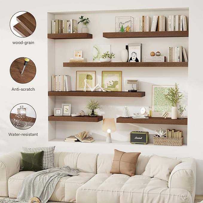 48 Inch Floating Shelves, 12" Deep Floating Shelf Wall Mounted, 48" Wall Shelves, Rustic Deep Bookshelf, Extra Deeper & Thicker Display Shelves for Bedroom, Living Room, Walnut, Set of 2