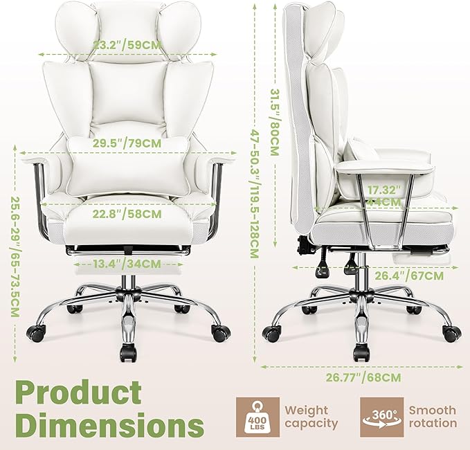 Office Desk Chair 400LBS, Big and Tall Office Chairs with Footrest, Leather Computer Gaming Chairs with Adjustable Height, Executive Office Chairs with Lumbar Support, White