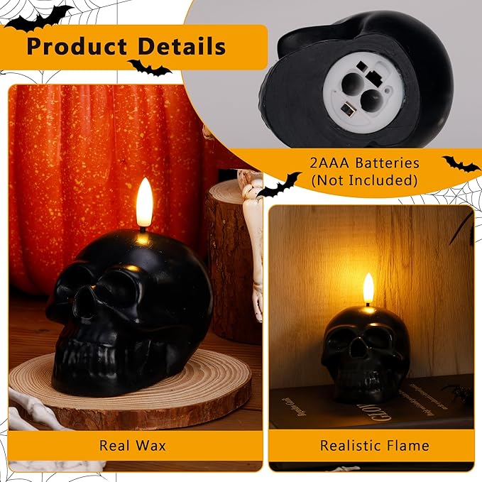 Halloween Flameless Candles with Remote, Real Wax Skull Battery Operated Candles, Flickering LED Fake Candle, Halloween Decorations for Table, Fireplace, Home, Party, Festival Decor