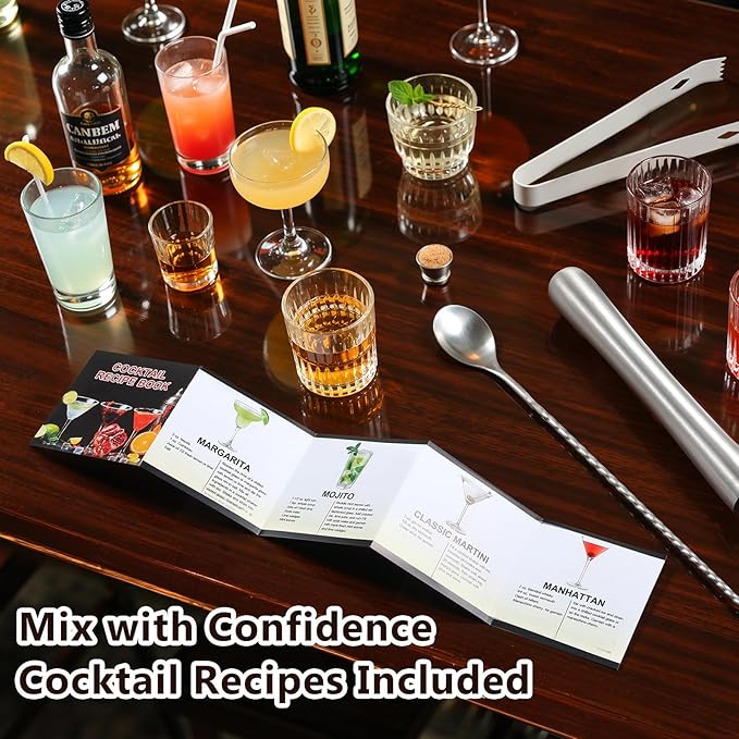 Bartender Kit, 23 Piece Professional Cocktail Shaker Set with Stand Shaker Spoon Jiggers Cocksrew, All Essential Bar Tools Accessories for Home Bar Mixology Drink Mixing, Gift, Stainless Steel