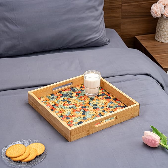 PEMAR 12.2" Square Bamboo Art Decor Tray with Handle, Food Drink Serving Tray for Breakfast Lap Bed Eating. Pattern Printed on Bamboo. Decorative Catchall Coffee Table Entryway Nightstand (Mosaic)